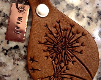 Leather Dandelion Wish Keychain - Leather Keyfob; Dandelion Keyfob