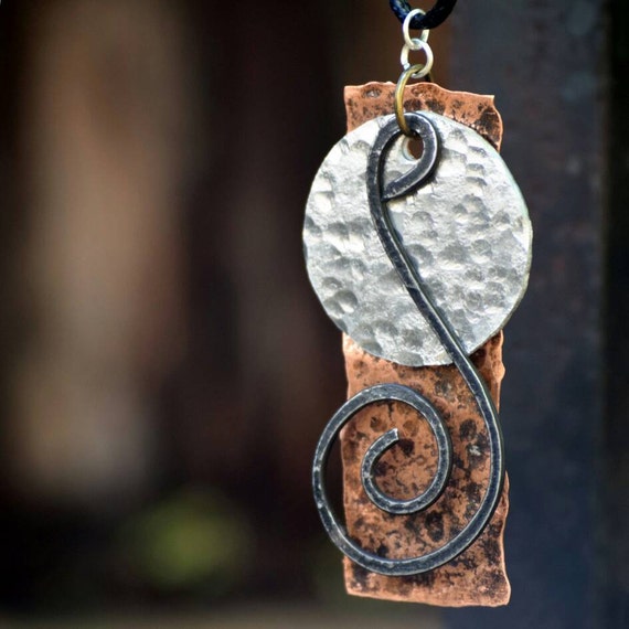 Hand Hammered Metal Necklace Pendant Copper Aluminum