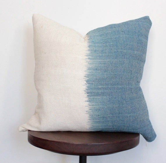 18x18' Pillow Cover Cream and Blue Hmong Hemp