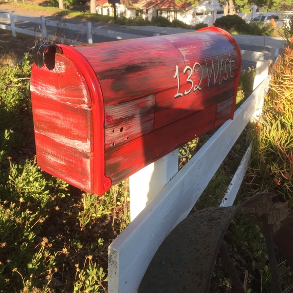 Rustic hand painted mailbox farmhouse red barn wood front