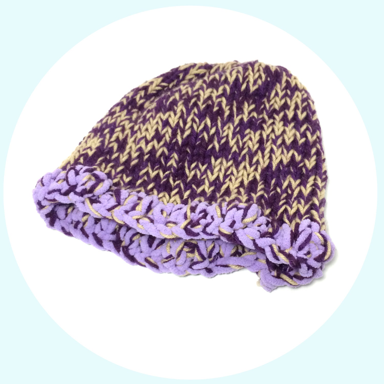 Warm Winter Hat Knitted Purple Beanie Purple and Tan Soft