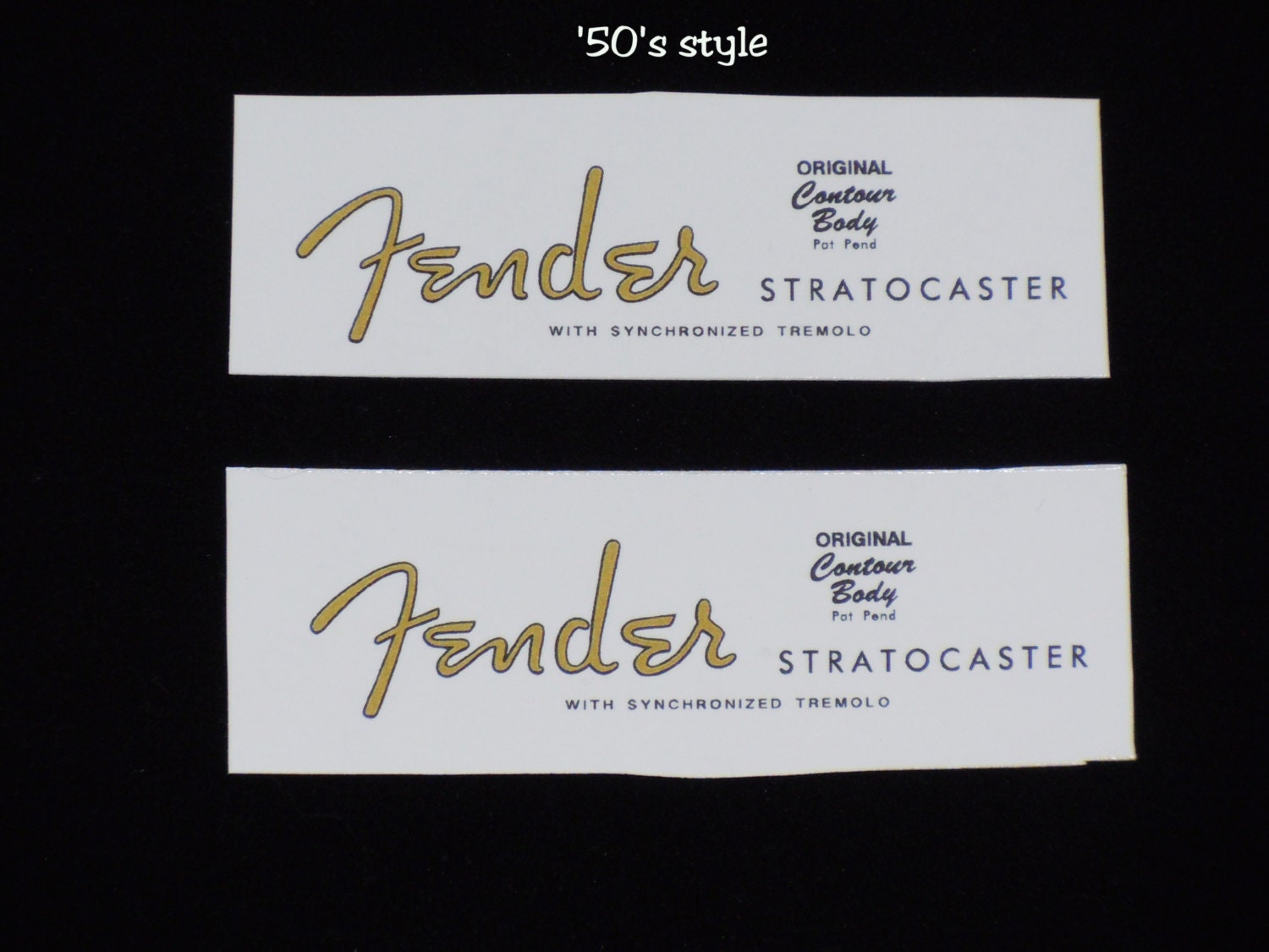 Two Fender Stratocaster waterslide headstock decals