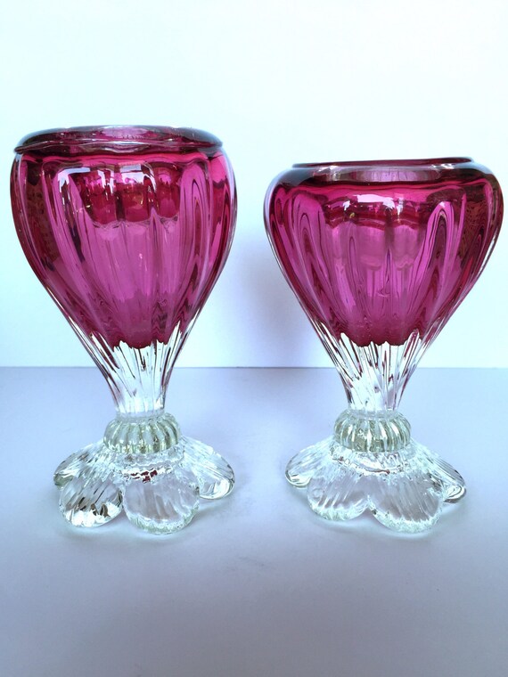 Signed Pair of Rossi Cranberry Glass Candle Holders Candle
