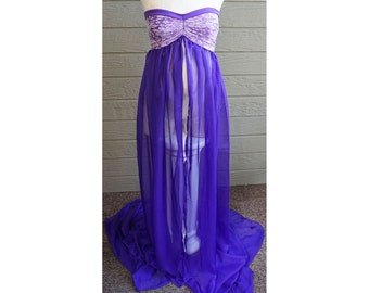 DEEP PURPLE Butterfly Lace/Chiffon Sweetheart orTube/Flowy Maternity Dress/GownPregnancy Photo Shoot/Baby Shower/Belly Photo Prop Gown