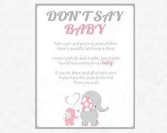 Don't Say Baby Elephant Baby Shower, printable pink gray baby shower games, baby shower sign, girl baby shower, instant download EL0005-lp