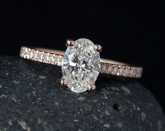 Rose Gold Oval Brilliant Cut Diamond Engagement Ring - Prong Set Diamond Ring - Pave Diamond Band