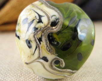 Lampwork Glass Bead - Green and Ivory Organic Lentil (001-26W4)