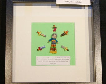 Guatemalan worry doll picture in black box frame with separate worry doll in pouch.