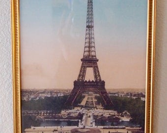 Vintage Eiffel Tower Pastel Print in Gold Framed Wall Art