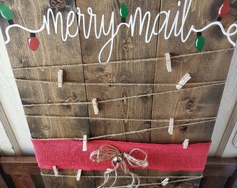 Christmas card holder- christmas decor- Merry Mail- Christmas wood sign- painted- rustic decor-Christmas