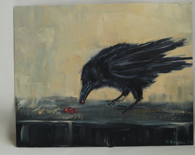 SALE!!!, Crow- PALETTE KNIFE Oil Painting On hardboard By Nikulina Yulia- size 16*12( 40*30 cm)