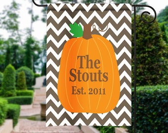 Personalized Garden Flag - Chevron Pumpkin - Fall Garden Flag Monogrammed 12 by 18 Custom Yard Flag Best Selling Gifts For Her Home Decor