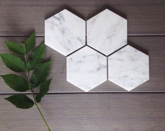 SALE // Four Marble Coasters // Hexagon Marble Coasters // Set of 4 // geometric marble coasters // geometric wedding favors