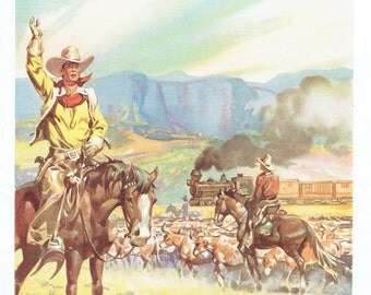 1950s Steam Train and Cowboys Wild West Print from EAGLE Riders of the Range Mounted Ready to fit 12" by 10" frame