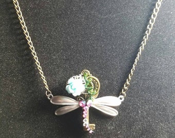 Dragonfly key necklace, dragonfly jewelry, steampunk jewelry, steampunk necklace, key jewelry, key necklace, dragonfly and flower necklace,