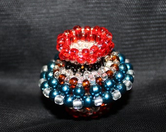 Beaded pot collectible figurine; handmade, beadweaving, intricately detailed, multicolored