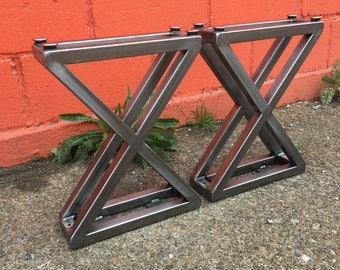3D X Style Metal Bench Legs - Brushed Steel, Blackened + Powder Coated Finishes - Adjustable Threaded Foot Levelers.