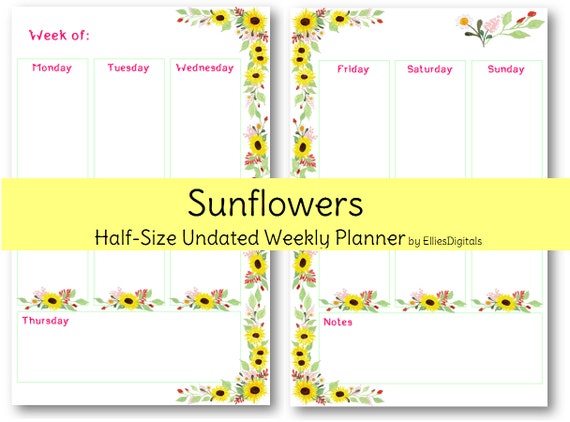 Undated Half Size Weekly Planner - Sunflowers - Vertical Style - Printable Planner