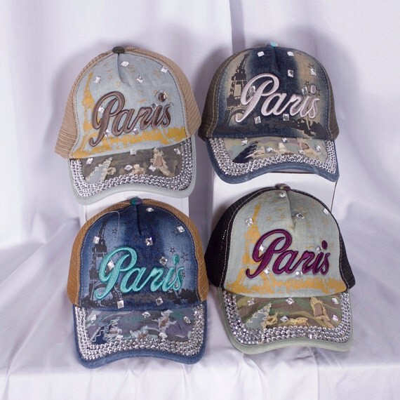 Womens Rhinestone Paris Baseball Caps by TheWrightColBoutique