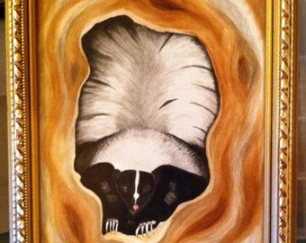 Framed painting of a Skunk peeking out of a tree hole on porcelain tile