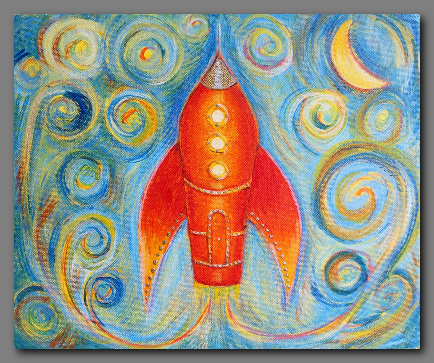 Rocket ship painting original artwork 10 x 12 starry by Indibelle