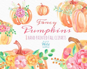 Watercolor Pumpkins. Fancy Fall Autumn Clipart Set. Commercial Use. DIY, Hand Painted, Watercolour, Thanksgiving, Fall Leaves, Fall Foliage