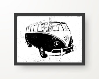 Items similar to Retro Vintage Art Volkswagen Vw Van Bus Watercolor ...