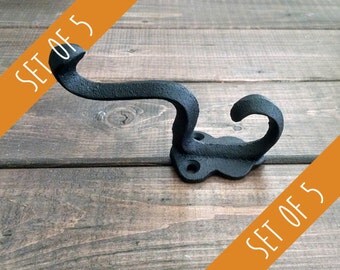Set of 5 Black Wall Hooks | Classic Iron Hooks | Bulk Hooks | Discount Hooks | Cast Iron Hooks | DIY Supply | Coat Rack | Coat Hook
