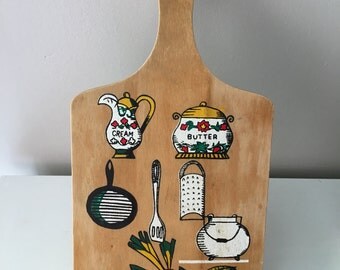 Vintage Wood Cutting Board Kitschy Retro Hand painted 1970's