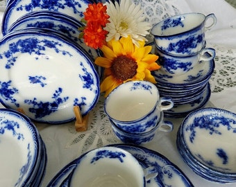 HOLD FOR K.M. - Flow Blue China - 48 Pcs - 6 Serving Pcs - Vintage W. H. Grindley – “Marechal Neil” - England