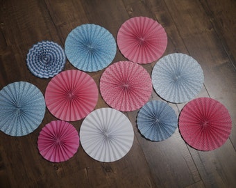 Handmade Pink and Blue Paper Rosettes - Pinwheels - Wedding Decorations - Wedding Backdrop - Paper Fans - Bridal Shower - Pink Baby Shower