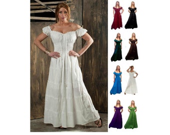 Cd12 White 100% Cotton Renaissance Medieval Clothing Costume Pirate Peasant Gypsy Wench Hippie Boho Beach Maxi Dress Sundress