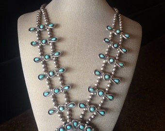 Vintage Sterling Silver Turquoise Squash Blossom Necklace