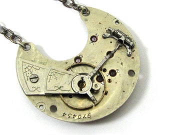 CLEARANCE 50% OFF The Original "Steam Relic" Steampunk Necklace Antique Victorian Pocket Watch Exposed Gears Engraved Details Silver