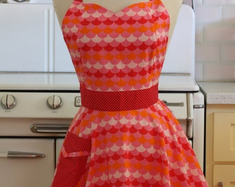 Retro Full Apron Sweetheart Neckline Pink and Red Scallops - BELLA
