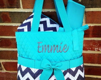 New 3 Piece Turquoise and Gray Chevron Diaper Bag Set Includes Name or Monogrammed Initials