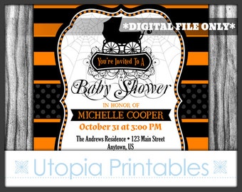 Halloween Baby Shower Invitation Fancy Elegant Gothic Theme Baby Carriage Spider Webs Spiderweb Stripes Striped White Digital Printable DIY