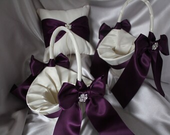 3pc Set-Ivory or White Satin Larger Flower Girl Baskets/Ring Bearer Pillow Shown with Ivory Satin Ribbon Rhinestone Accent-CUSTOM COLORS