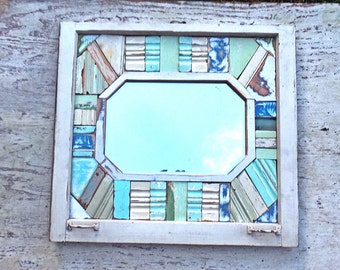 Reclaimed Wood Mirror, Framed Mosaic Mirror, Beach Mirror, Window Frame Mirror, Bathroom Mirror, Wood Mosaic Mirror Boho Wall Decor
