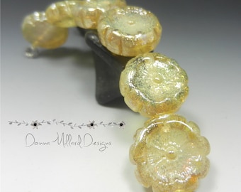 SRA HANDMADE LAMPWORK Glass Bead Set Donna Millard organic golden silvered roses summer jewelry necklace earrings