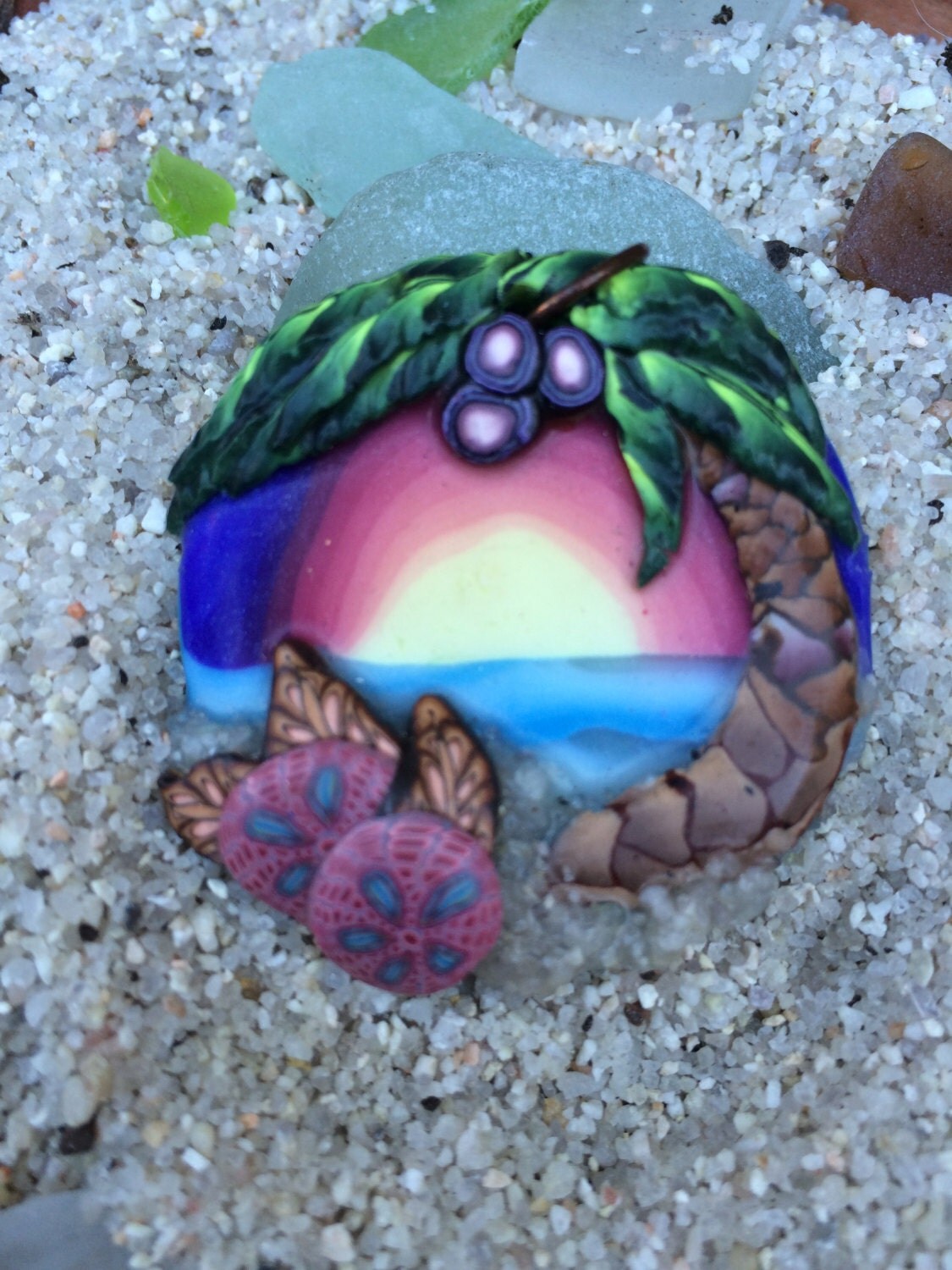 SUNSET Beach scene seashore polymer clay pendant by JVDBeads