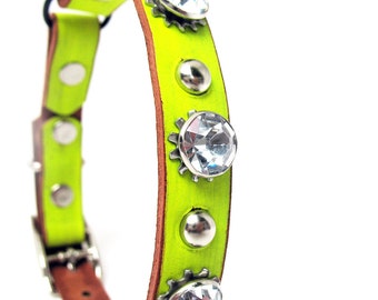 Bright Yellow Leather Cat Collar with Giant Crystals and Silver Studs, Size to fit a 8-10in Neck, Eco-Friendly, OOAK