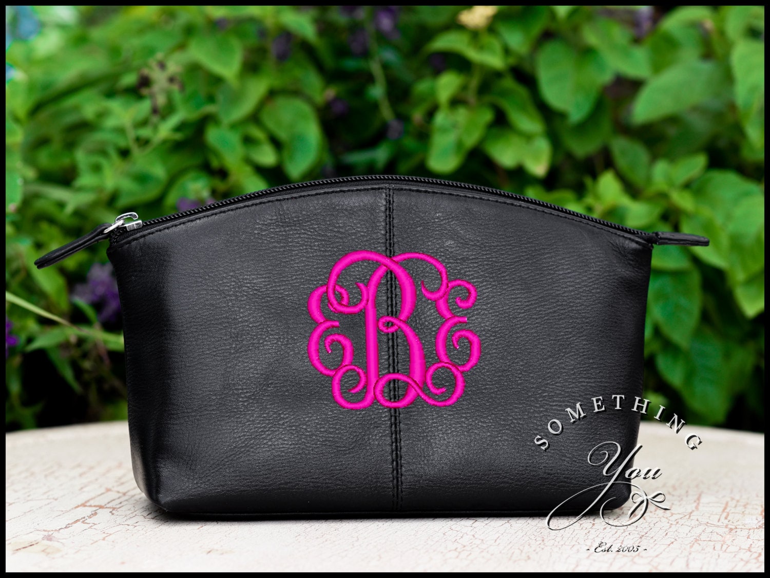Black Monogrammed Leather Cosmetic Bag Personalized Leather