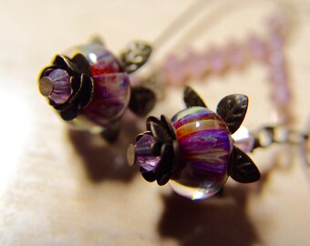 Purple Boro Lampwork Bead Bell Flower Earrings