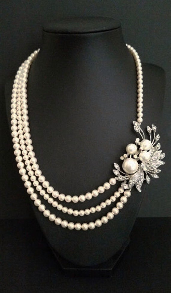 Pearl Bridal Necklace Swarovski Pearl Wedding Jewelry Art Deco
