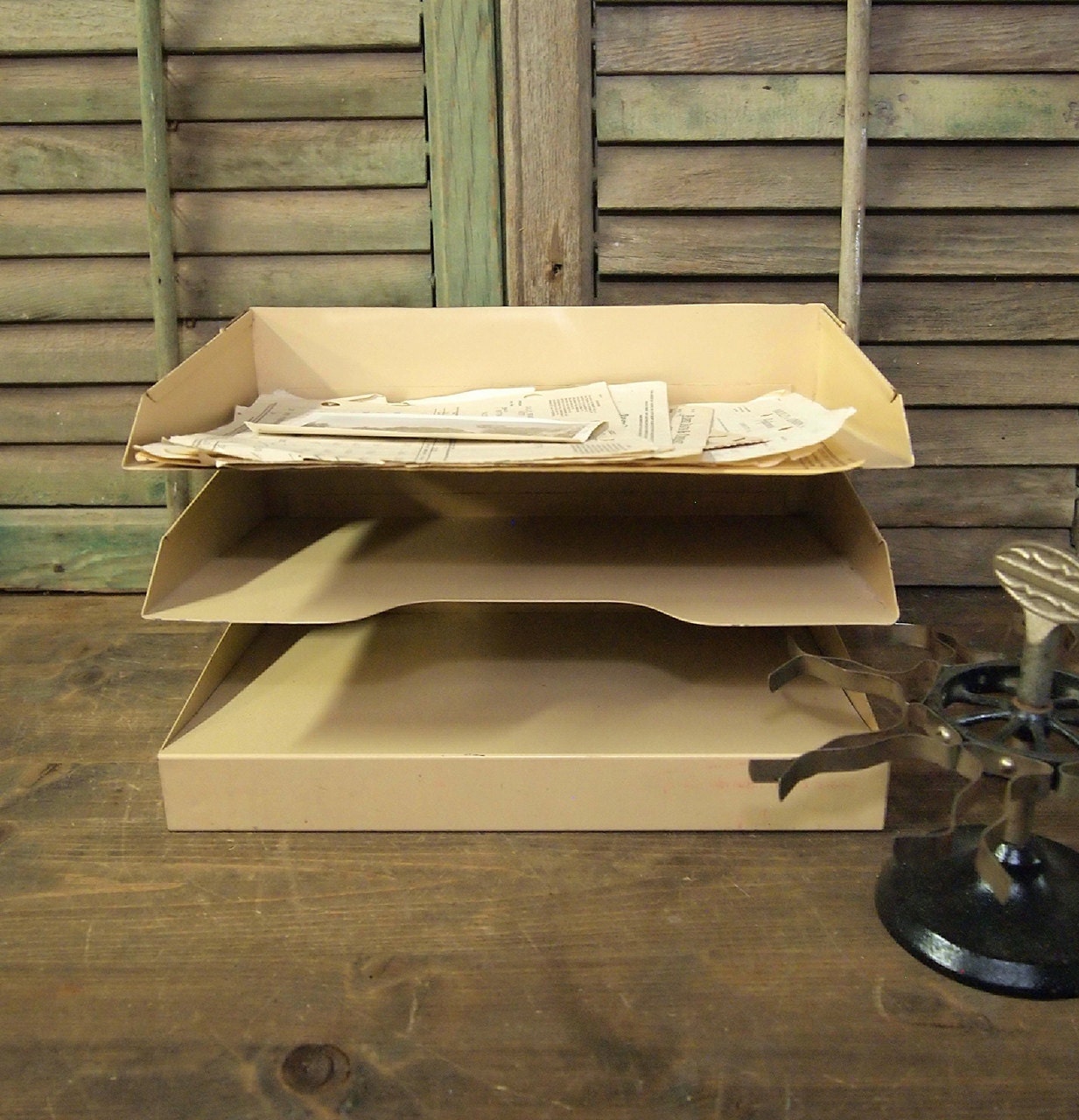 Vintage Metal paper tray in box Industrial shelves and slots all one piece Office Metal beige