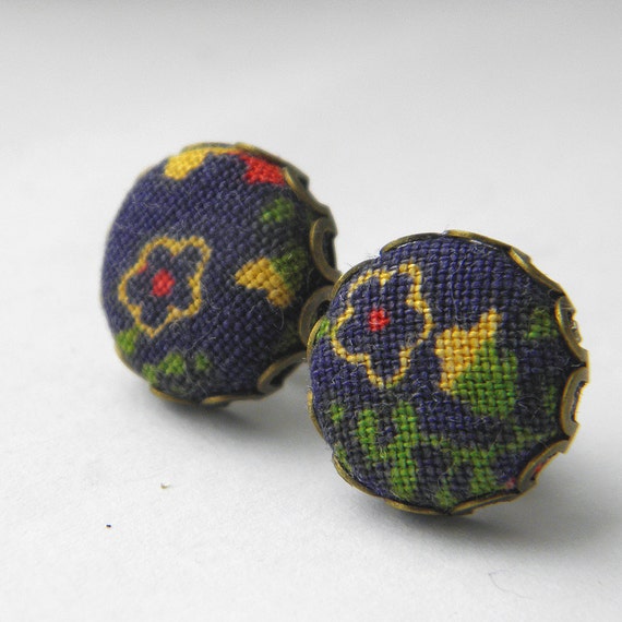 Navy and Gold Fabric Covered Button Stud Earrings.