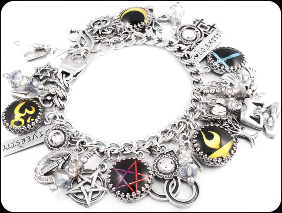 silver charm bracelet, liberal religion, unitarian universalist, chalice, all religions, budda, ohm,om,