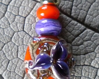 Purple Orange Floral Lampwork Beads by Cherie Sra R114 Flameworked Floral Focal Beads Bead Flower Silver Glass Floral Bead Applied Floral