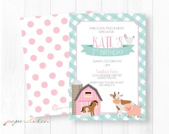 Pink Barn Farm Birthday Invitation Barnyard Invitation Farm Animals Old McDonald Girl Birthday Gingham Pink and Blue Digital or Printed